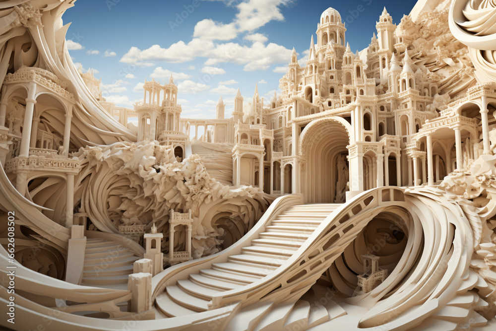 Poster in this abstract representation of the acropolis of athens, the architectural elements are deconstru