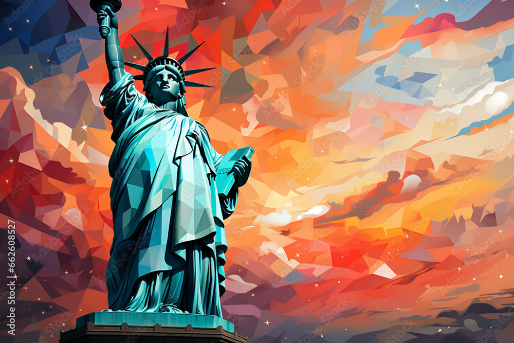 Poster this abstract representation of the statue of liberty combines bold geometric shapes and vibrant col
