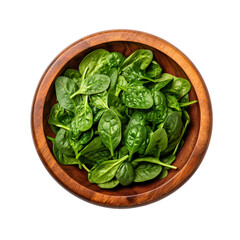 top view of cut spinach vegetable in a wooden bowl isolated on a white transparent background