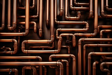 Abstract plumbing copper pipes texture artistic, with empty copy space Generative AI