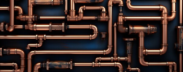 Abstract plumbing copper pipes texture artistic, with empty copy space Generative AI - obrazy, fototapety, plakaty