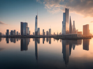 Beautiful shot of tall city buildings under a cloudy sky at day and night