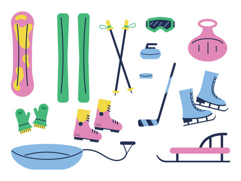 Winter sports equipment. Vector icons with snowboard, skis, gloves, sled, hockey stick. Illustration of accessories for winter sports.