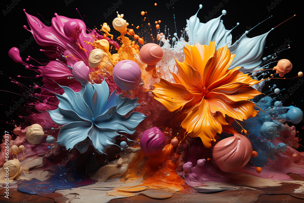 Aufkleber an abstract painting depicting an atomic explosion with vibrant bursts of colors and dynamic brushst