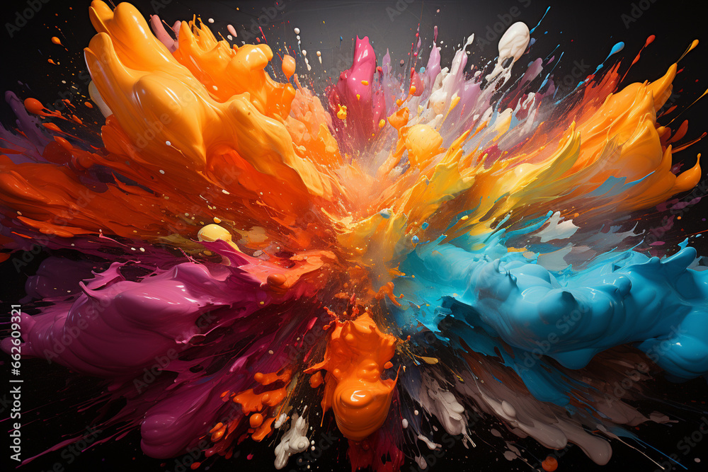 Poster an abstract painting depicting an atomic explosion with vibrant bursts of colors and dynamic brushst