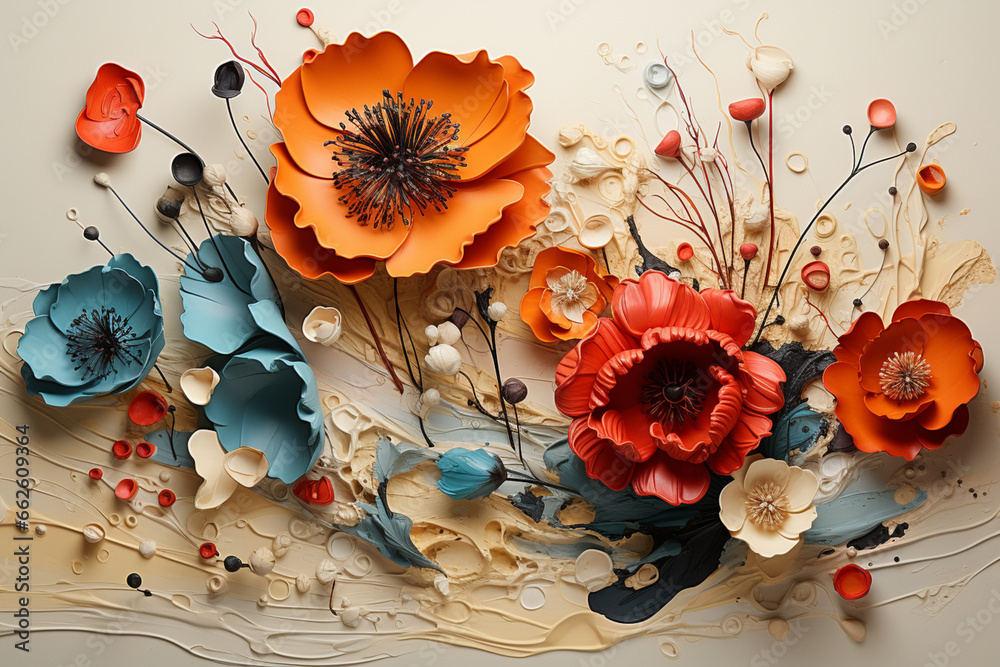 Fototapete The image combines layers of torn paper, acrylic paint, and digital elements to create a visually striking composition. 
