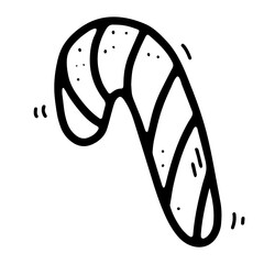 Doodle peppermint candy stick. Outline Lollipop Cane isolated on white background. Hand-drawn spiral striped sweet dessert for kids party, New year, Christmas. Vector kawaii xmas line illustration