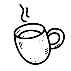 Doodle coffee cup. Cute hot beverage isolated on white background. Outline tea, latte, cappuccino, americano mug with handle, steam. Vector dishes illustration for the coffee shop, cafe, kitchen print