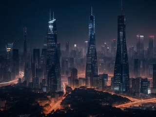 Beautiful shot of tall city buildings under a cloudy sky at day and night