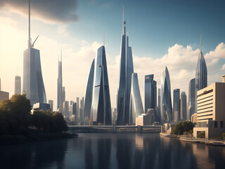 Beautiful shot of tall city buildings under a cloudy sky at day and night