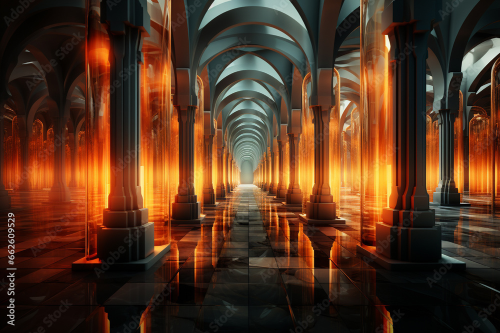 Poster an abstract photograph of a roman colonnade, focusing on its geometric details and symmetrical patte
