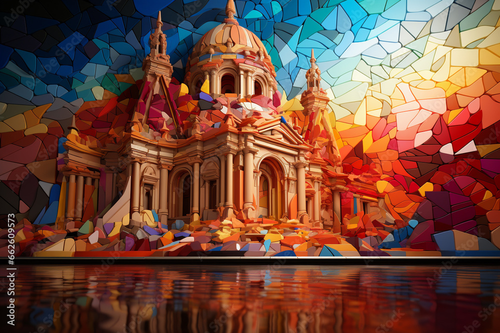 Aufkleber an abstract painting of the parthenon, featuring geometric shapes and vibrant colors to represent th