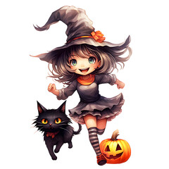 Fototapeta premium Cute little girl in a witch costume for Halloween party, watercolor illustration