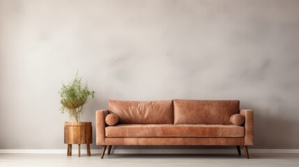 Velvet loveseat sofa near beige blank wall with copy space. Minimalist home interior design of...