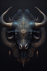Digital art of a bull's head with a crown on a black background. The bull is wearing a crown, which is a symbol of royalty and power.