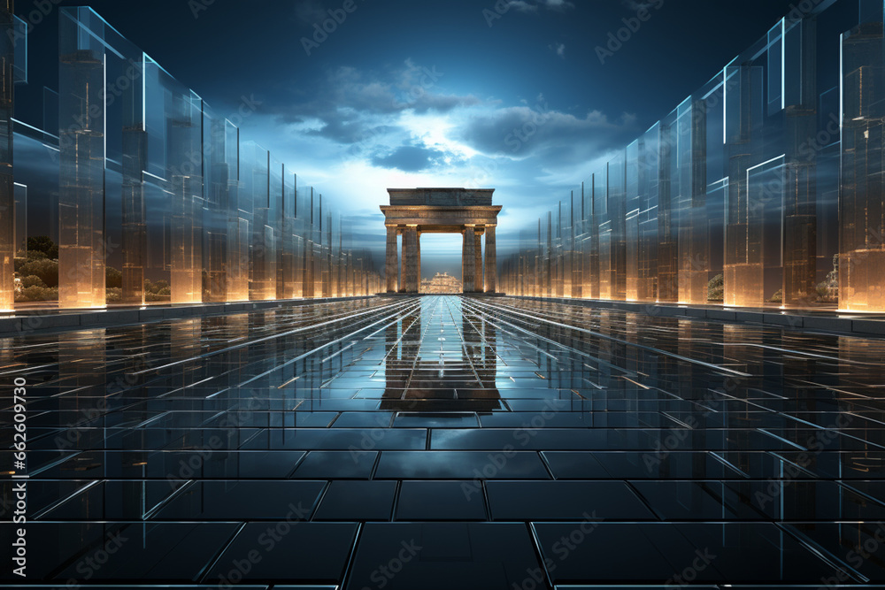 Poster an abstract photograph of the parthenon, focusing on its geometric details and symmetrical patterns,