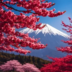 Foto op Canvas Red cherry sakura blossom with a mountain in the background. © Alexander