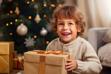 Fototapeta na wymiar Happy child with christmas gift boxes in front of christmas tree
