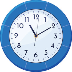 Round wall clock with blue frame and arrows for time checking vector flat illustration