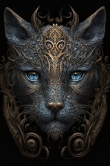 A black cat with blue eyes and a gold pattern on its face. The cat is looking directly at the viewer, and it appears to be very serious.