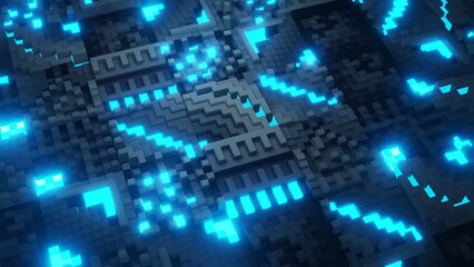 3d rendering of abstract background with blue neon cubes in cyberspace