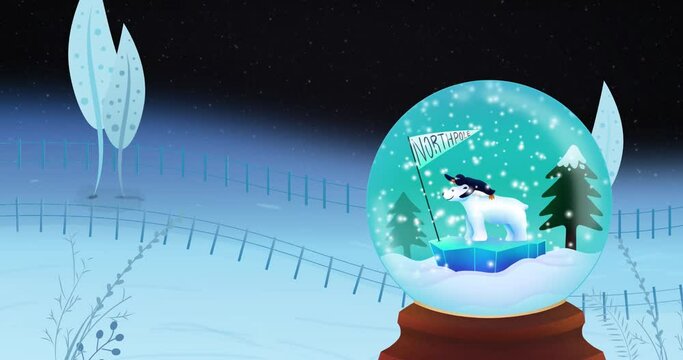 Christmas snow globe with trees and polar bear in north pole over winter field at night