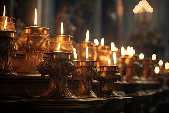 A glowing candle in a church, a symbol of faith and religion, illuminates a dark old interior.