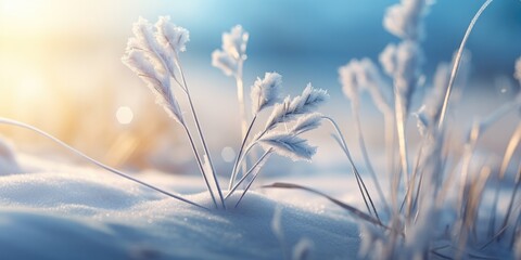 The winter landscape sparkles with frost and snow, creating a cool, bright and serene atmosphere.