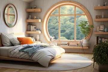 Modern and elegant bedroom interior with a large panoramic window, wooden elements and a bright, relaxing atmosphere.