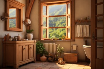 Cozy and modern restroom interior with a wooden theme, large windows and a connection to nature.