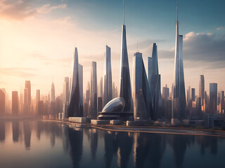 Beautiful shot of tall city buildings under a cloudy sky at day and night