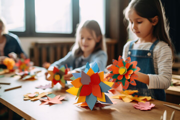 Girls crafting colorful paper flowers at a table. Children's art project.