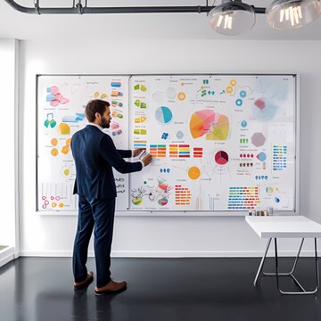 businessman strategizing at a white board, with diagram