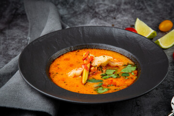 tom yam soup with chicken, lime, cherry tomatoes and parsley side view