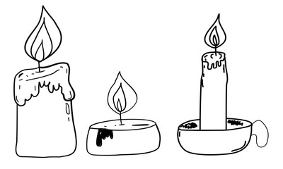 Burning candle set. Doodle illustration. Hand drawn 