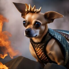 A Chihuahua as a fire-breathing dragon, with scales and a dragon head hood4