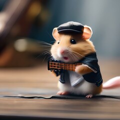 A hamster as a rock and roll musician, strumming a tiny electric guitar5