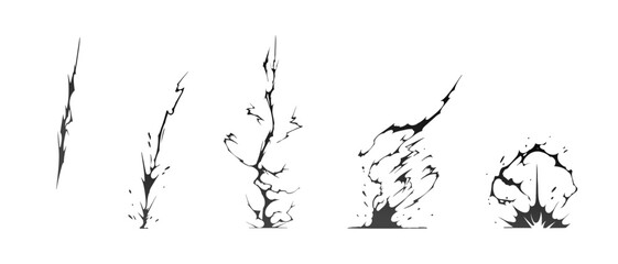 Lightning strike bolt silhouettes sequence vector illustration. Black thunderbolts and zippers are natural phenomena isolated on a dark background. Thunderstorm electric effect of light shining flash. - obrazy, fototapety, plakaty