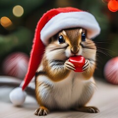 A tiny chipmunk donning a Santa hat and clutching a miniature candy cane1