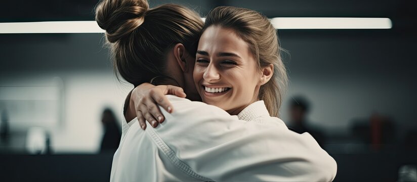 Karate trainer motivating student coach embracing after competition Friends training martial arts at gym With copyspace for text - Powered by Adobe