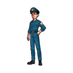 character illustration in cartoon style of a police officer standing with hand on the hips