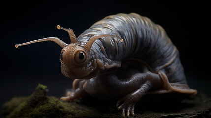 Realistic looking alien lifeform snail creature with dramatic lighting 