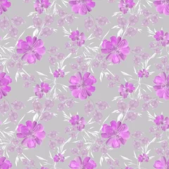 Tuinposter Seamless retro floral pattern. bright pink, white flowers on a light gray background. © brusnika9
