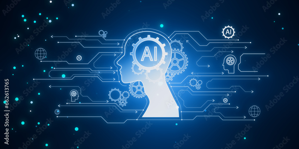 Poster creative ai head outline hologram with circuit on blurry blue background. 3d rendering.