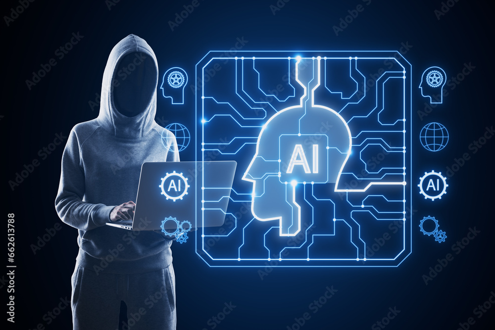 Aufkleber Hacker using laptop with creative AI head outline hologram with circuit on blurry blue background. Hacking and technology concept.