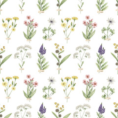 Watercolor Wildflowers seamless pattern, meadow florals repeat paper, field flowers print