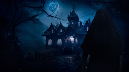 Grim reaper standing over creepy haunted house in mystery forest at night - obrazy, fototapety, plakaty