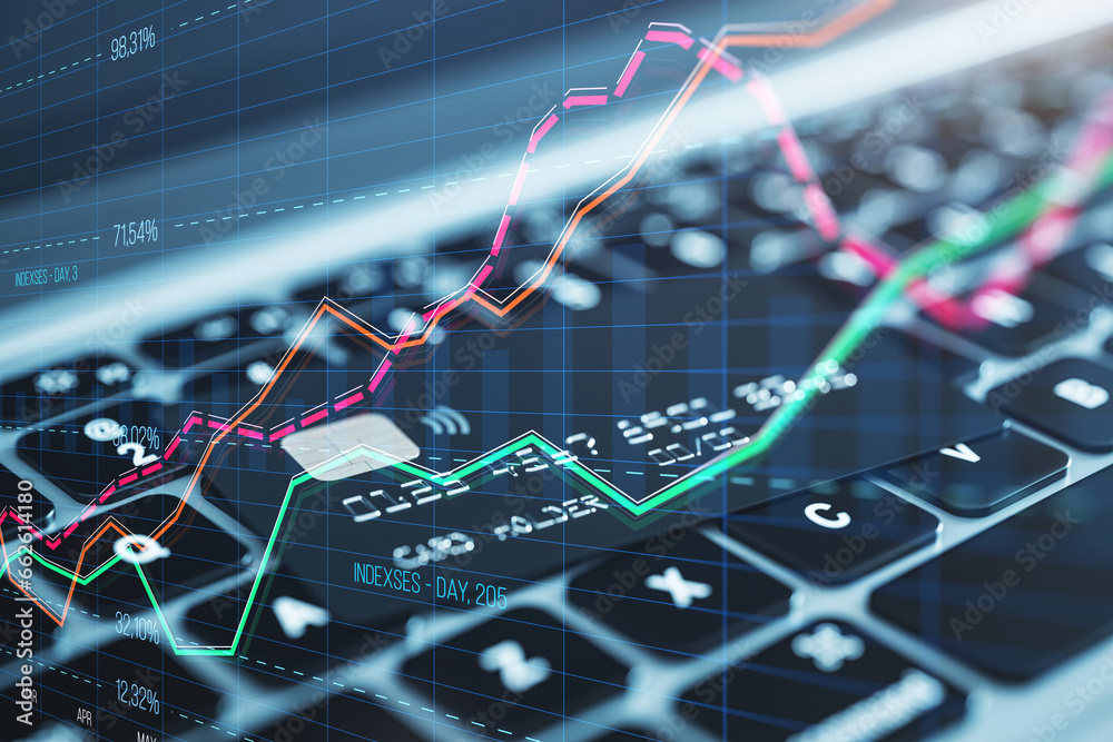 Poster close up of laptop with bank card and creative business graph with index and grid on blurry backgrou