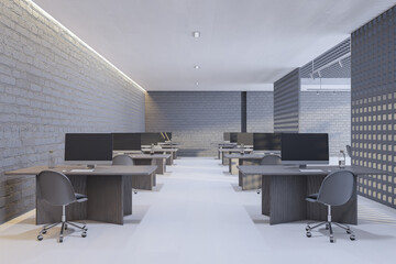 New coworking office interior with furniture, other objects and daylight. 3D Rendering.