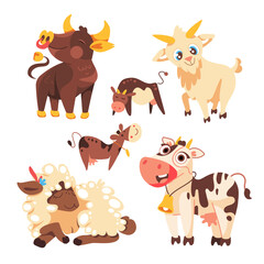 Vector set of farm animals, bull, cows, goat, sheep in cute cartoon style.